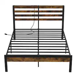 Costway - Full Industrial Metal Platform Bed Frame Charging Station Mattress Foundation - Brown
