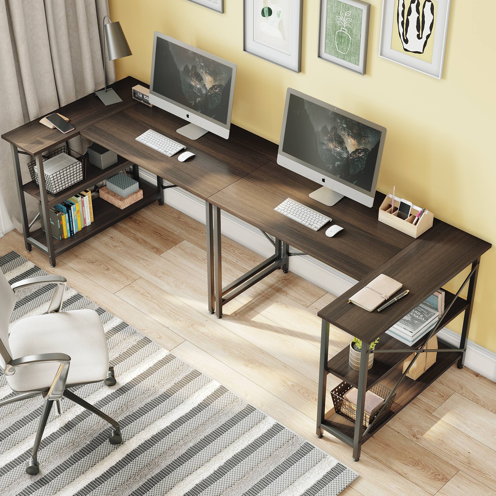 Left. Bestier - Bestier L-Shaped Corner Computer Desk with Storage Shelf - 48" wide - Dark Walnut.