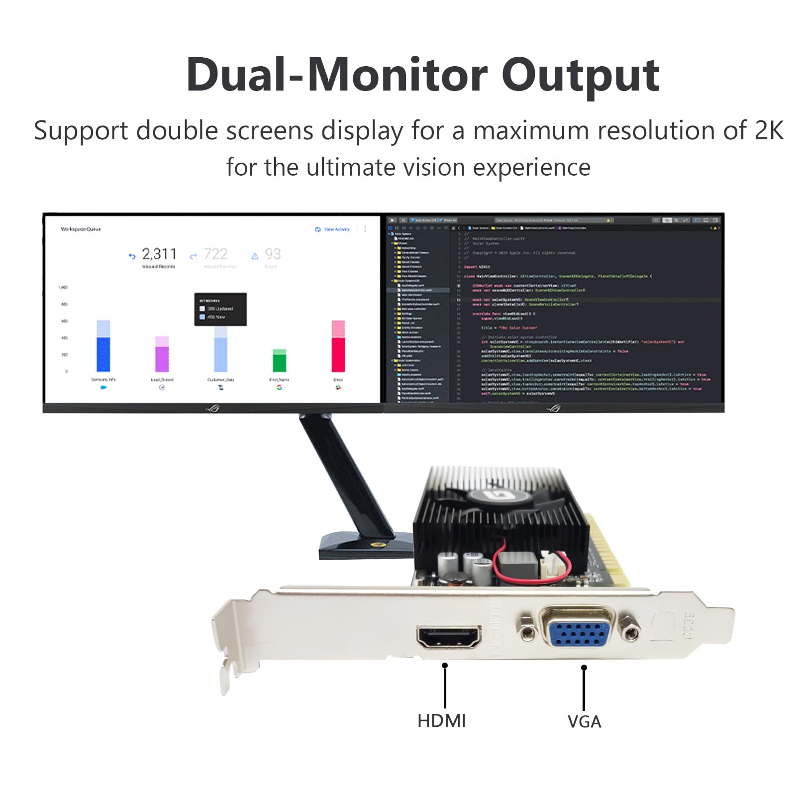 Dual-Monitor Output  
Support double screens display for a maximum resolution of 2K for the ultimate vision experience  

HDMI  
VGA