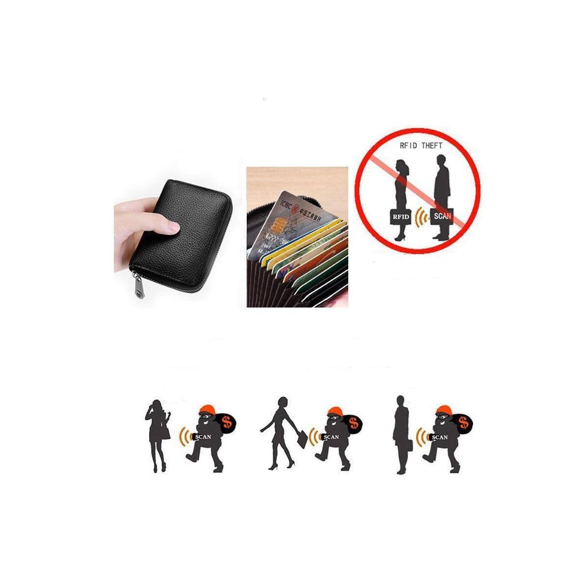 Alt View 1. Jadie Link - Genuine Leather Credit Card Holder Wallet Case Rfid Blocking Secure Organizer Zipper Black Small Exquisite SizeLength - Black.