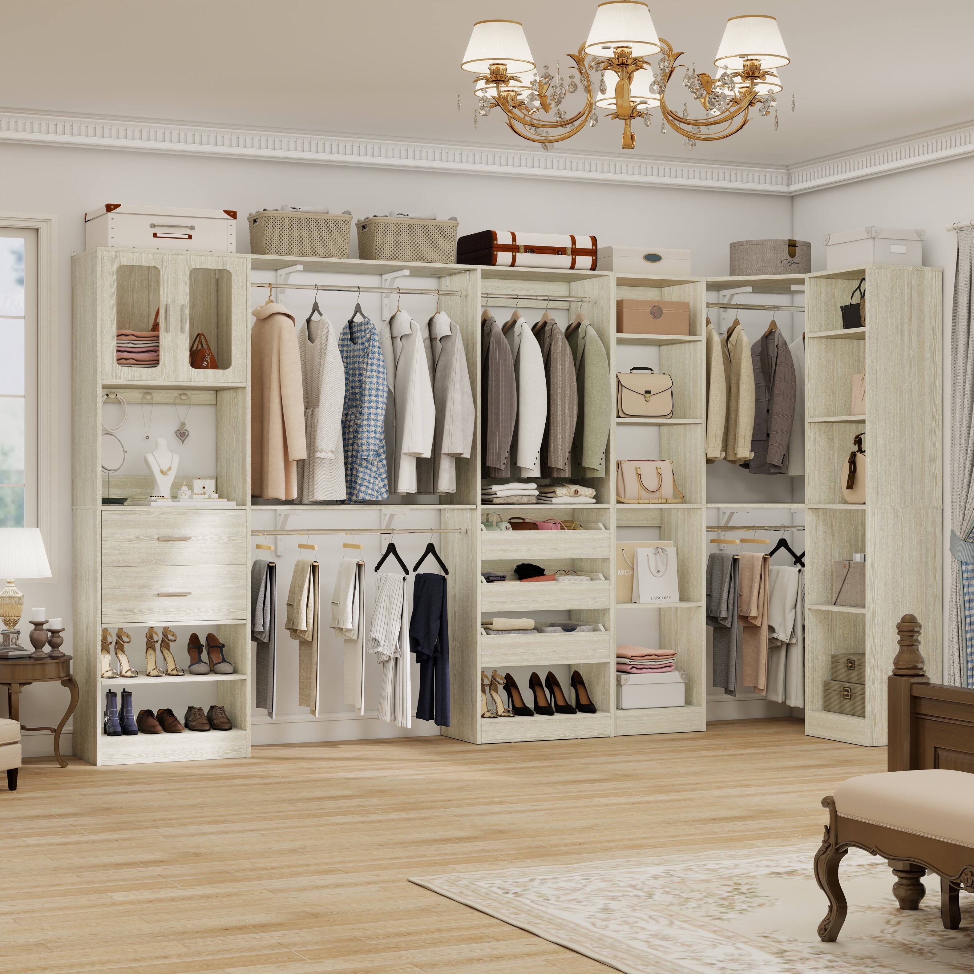 Left. Aheaplus - 100'' Large Walk-in Closet Organizer System with Drawers, Hanging Rods and 20 Shelves for Storage, 3 Sets - Beige Oak.