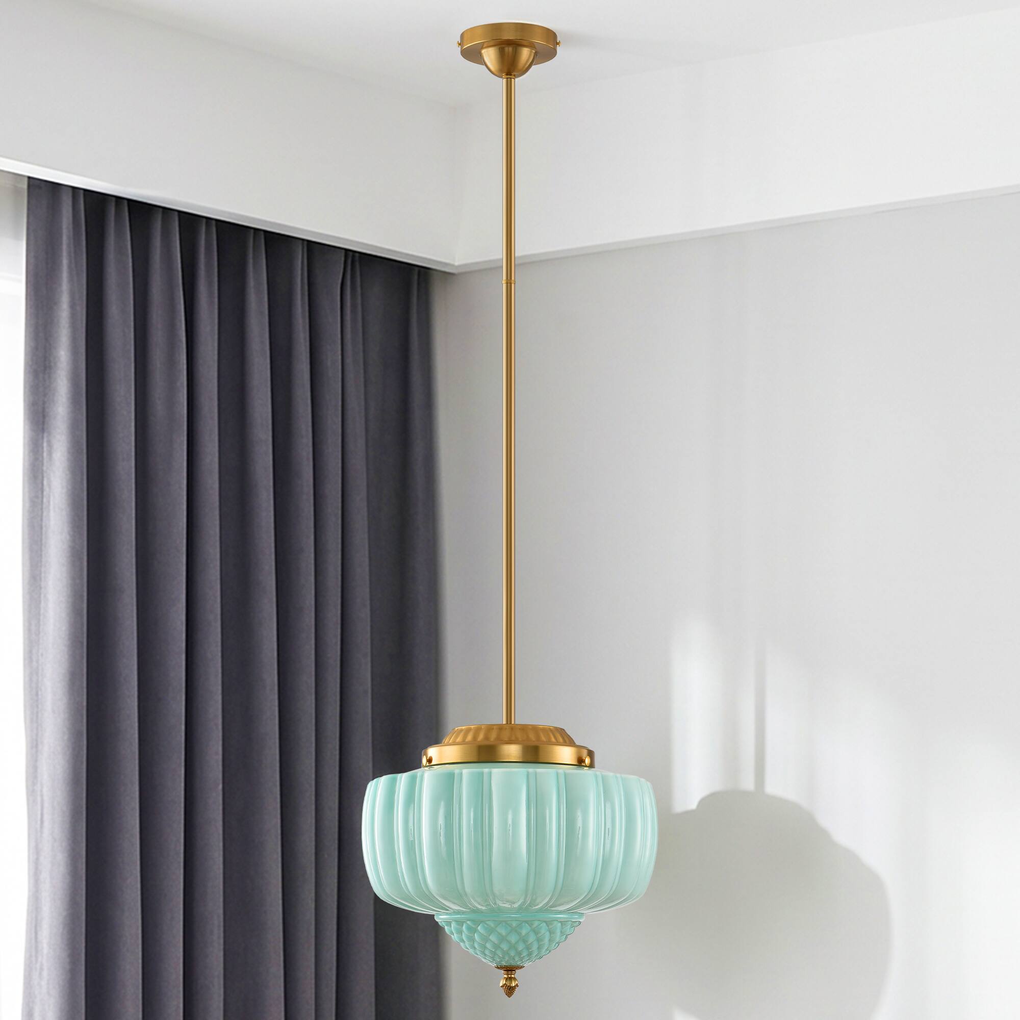 Back. Parrot Uncle - 13-Inch Vintage Green Ribbed Opal Glass 3-Light Schoolhouse Pendant Ceiling Light - Gold.