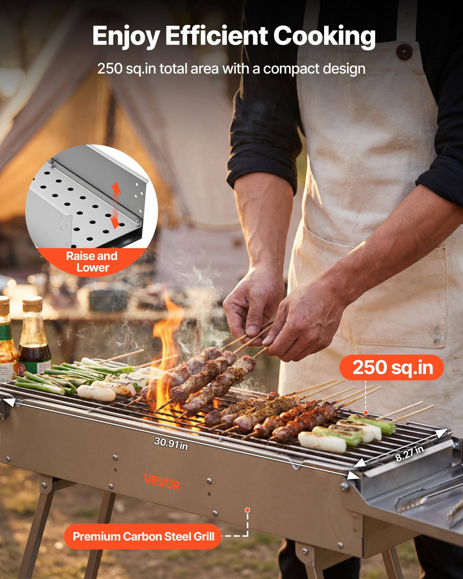 Enjoy Efficient Cooking  
250 sq.in total area with a compact design  
Raise and Lower  
250 sq.in  
30.91 in  
8.27 in  
Premium Carbon Steel Grill  
VEVOR