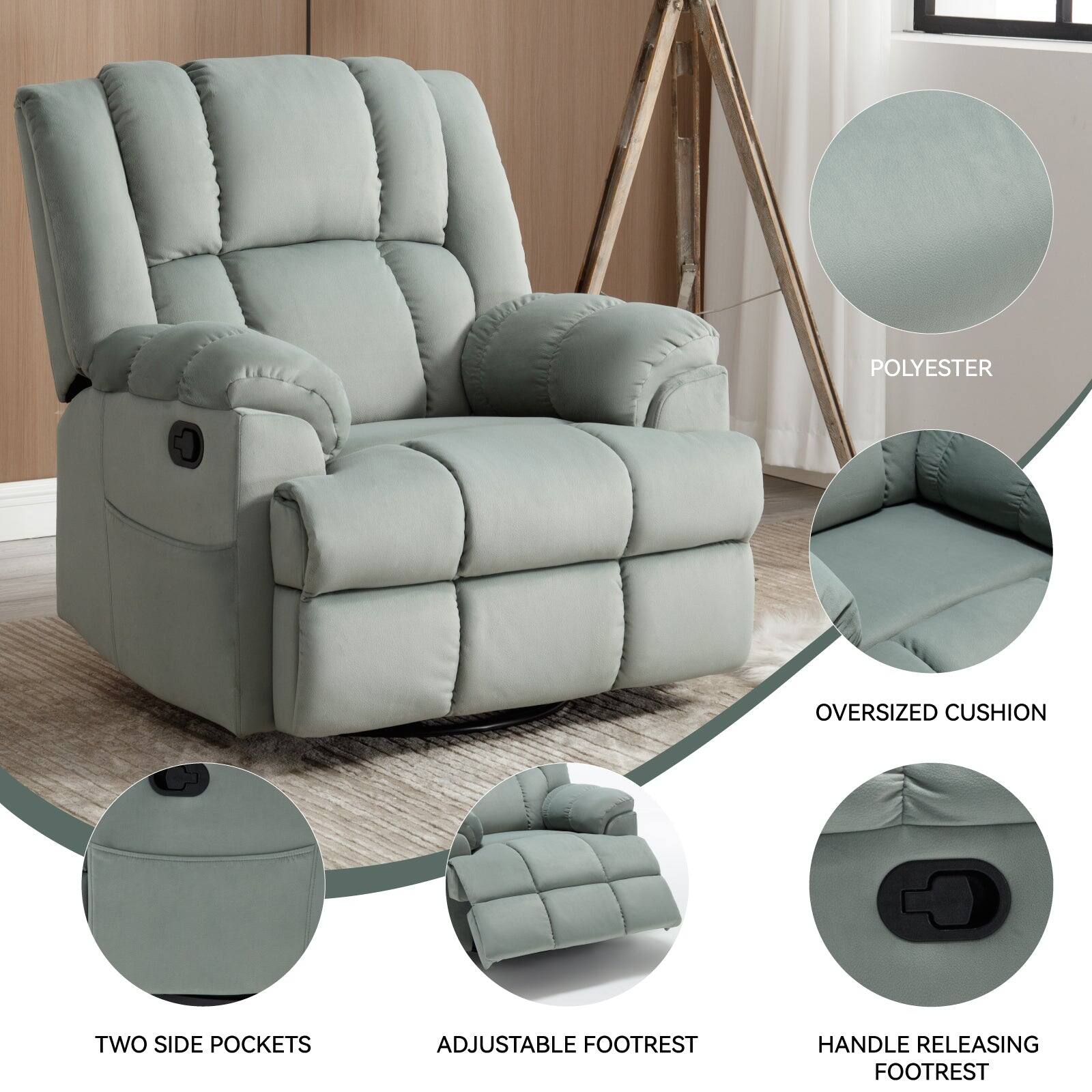 POLYESTER, OVERSIZED CUSHION, TWO SIDE POCKETS, ADJUSTABLE FOOTREST, HANDLE RELEASING FOOTREST
