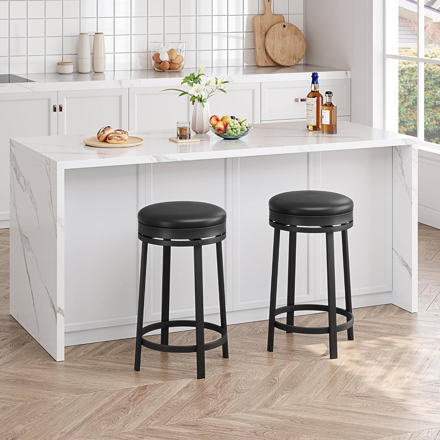 Left. GARVEE - 24" Swivel Bar Stools Set of 2 with Footrest, Modern Counter Height Barstools with PU Leather Upholstered, Black - Black.