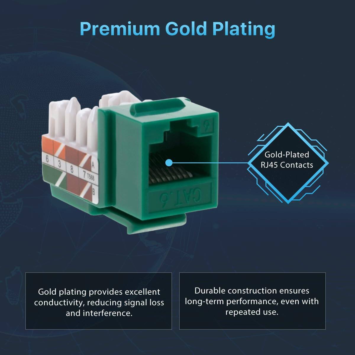 Premium Gold Plating  
6 3 8 A 1 T568 B CAT.6 Gold-Plated RJ45 Contacts  

Gold plating provides excellent conductivity, reducing signal loss and interference.  
Durable construction ensures long-term performance, even with repeated use.
