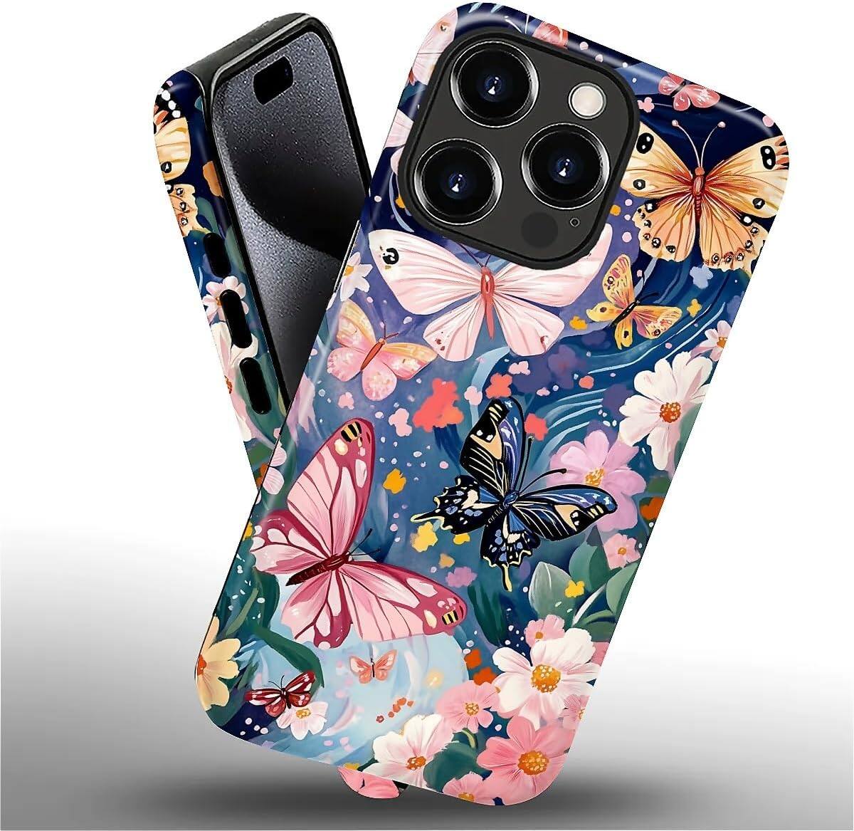 Alt View 2. BUBM - Smartphone Case for iPhone - 2-Layer Durable Smartphone Protection Case - Butterflies Flowers Garden - Butterflies Flowers Garden for iPhone 16 Pro.