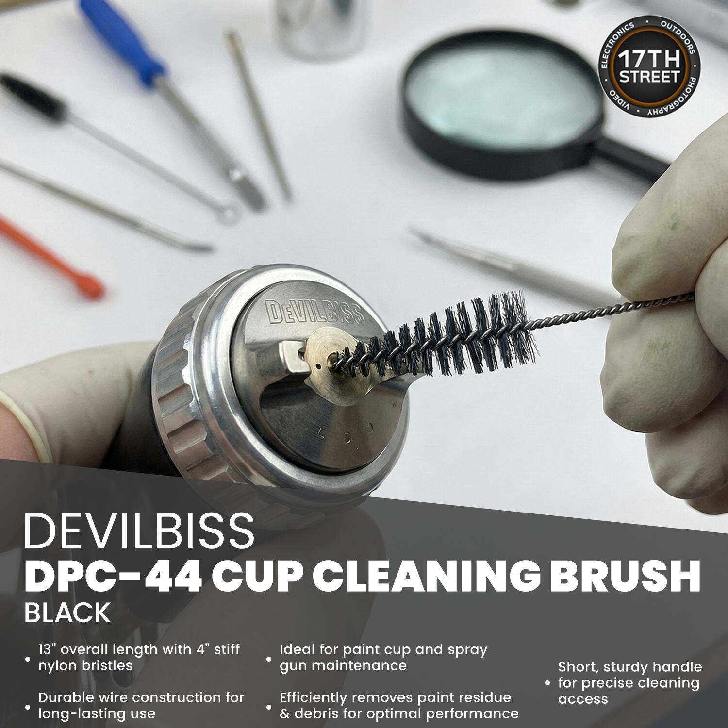 ELECTRONICS OUTDOORS 17TH STREET

DEVILBISS DPC-44 CUP CLEANING BRUSH BLACK

- 13" overall length with 4" stiff nylon bristles
- Durable wire construction for long-lasting use
- Ideal for paint cup and spray gun maintenance
- Efficiently removes paint residue & debris for optimal performance
- Short, sturdy handle for precise cleaning access