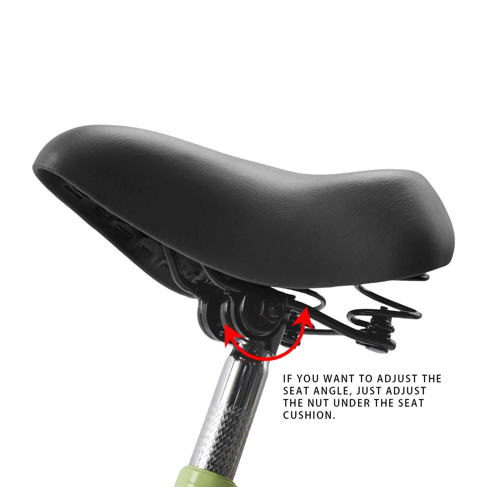 If you want to adjust the seat angle, just adjust the nut under the seat cushion.