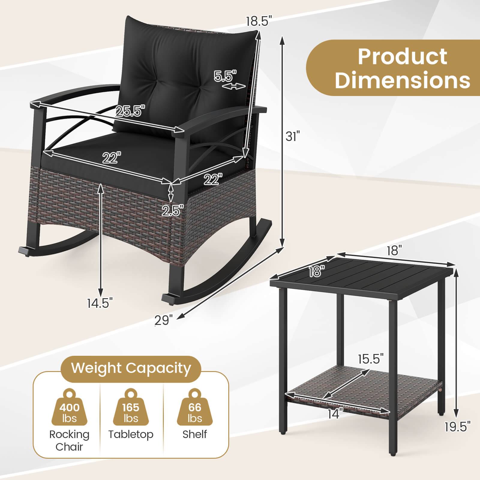 **Product Dimensions**

- 18.5" (Height)
- 25.5" (Width)
- 5.5" (Depth)
- 22" (Seat Width)
- 22" (Seat Depth)
- 31" (Overall Height)
- 2.5" (Armrest Height)
- 14.5" (Seat Height)
- 29" (Base Width)
- 18" (Tabletop Width)
- 15.5" (Tabletop Depth)
- 14" (Shelf Width)
- 19.5" (Shelf Depth)

**Weight Capacity**

- Rocking Chair: 400 lbs
- Tabletop: 165 lbs
- Shelf: 66 lbs