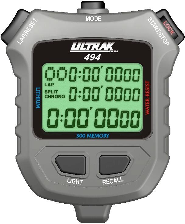MODE LAP/RESET START/STOP LOCK ULTRAK 494  
000:00' 0000 LAP SPLIT 0:00' LITHIUM CHRONO 0000 WATER-RESIST 0:00' 0000  
300 MEMORY LIGHT RECALL