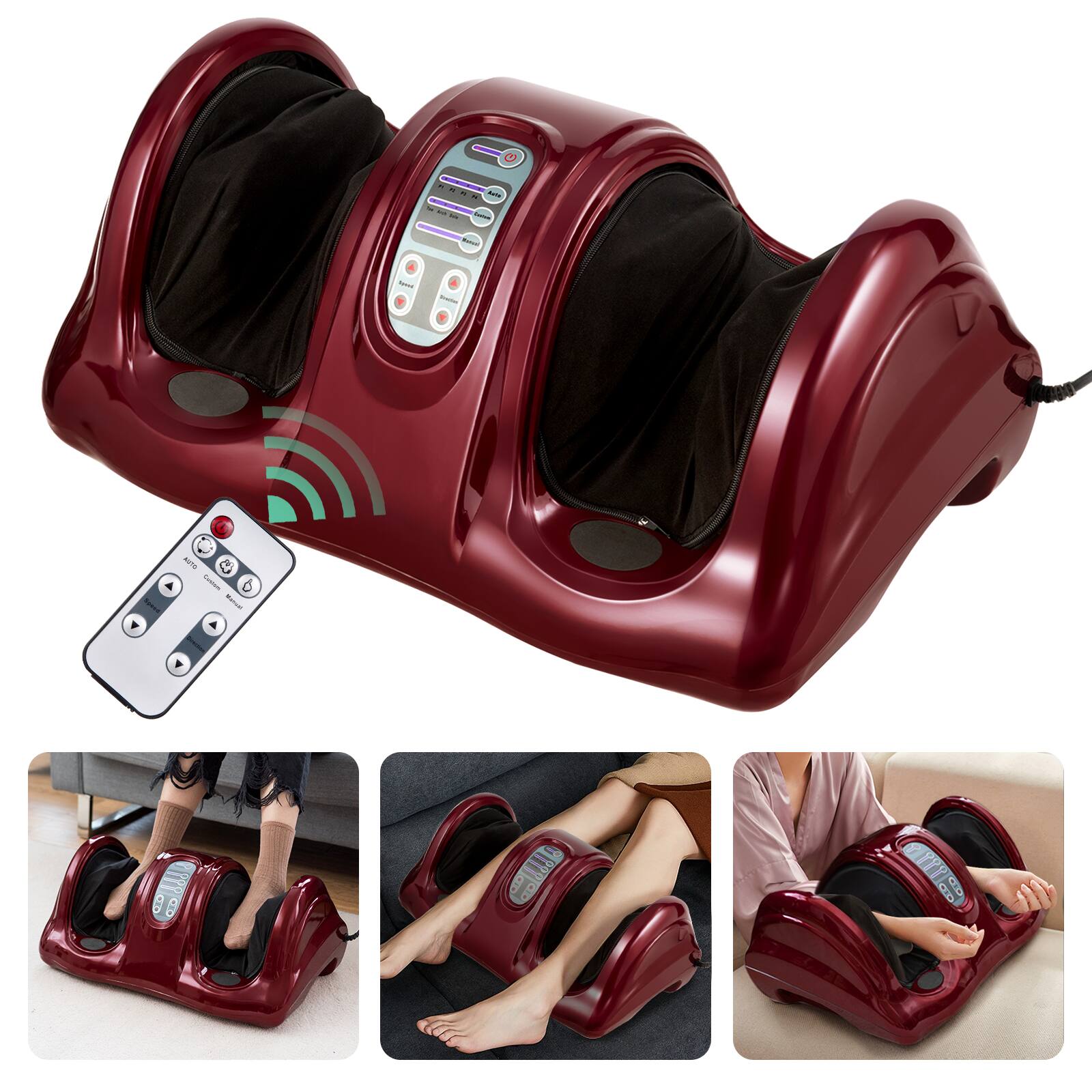 Costway - Shiatsu Foot Massager Kneading and Rolling Leg Calf Ankle with Remote Burgundy - Burgundy/Black