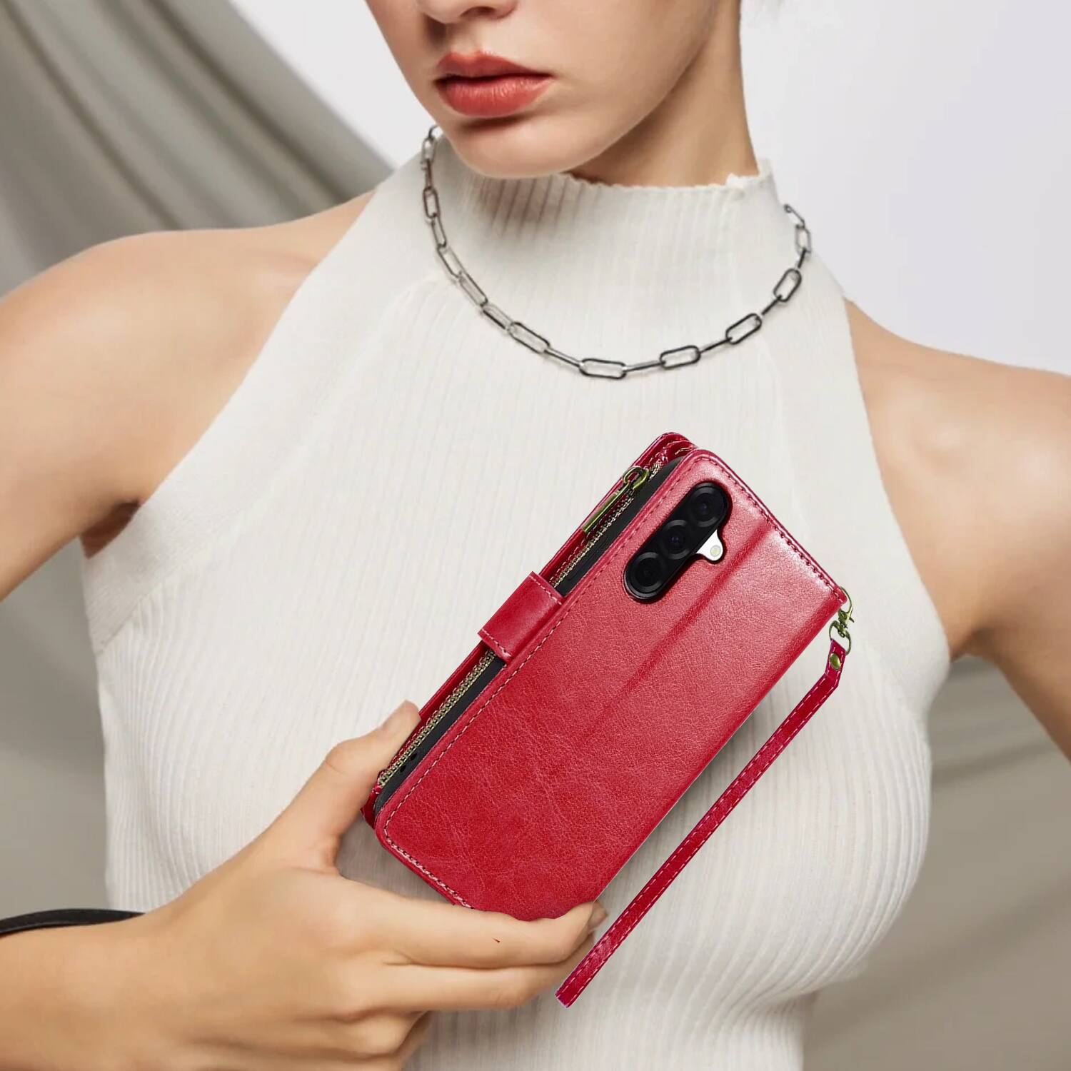 Alt View 6. Equipd - Phone Case for Samsung Galaxy A17 5G, Luxury Wallet Card ID Zipper Money Holder Cover (Red) - Red.