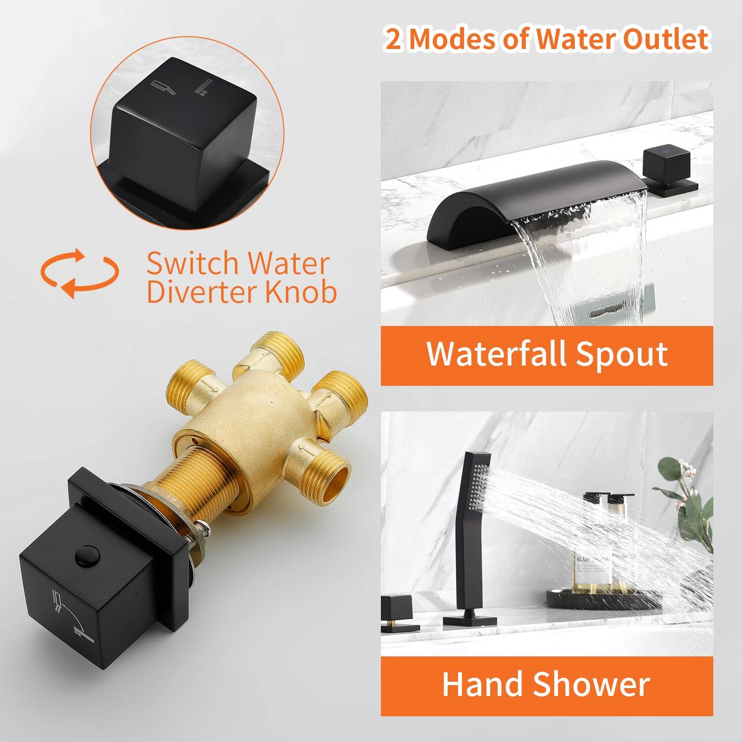 2 Modes of Water Outlet

Switch Water Diverter Knob

Waterfall Spout

Hand Shower