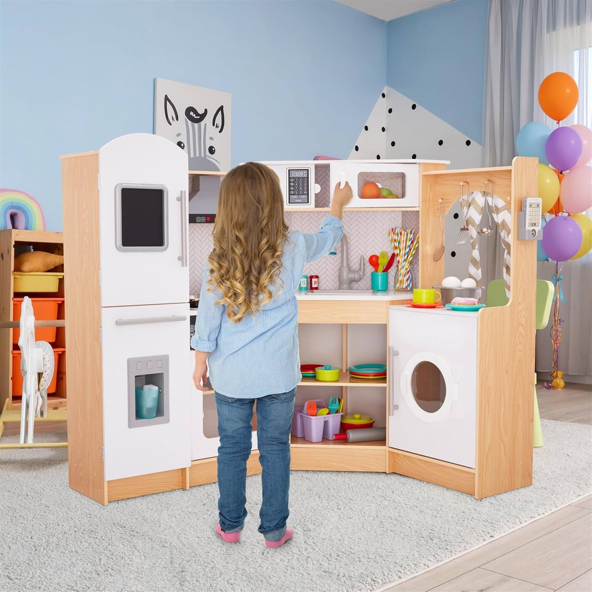 Alt View 8. Lil' Jumbl - Corner Kids Kitchen Playset, Pretend Kids Wooden Kitchen with Stovetop, Faucet & More - Pink - Pink.