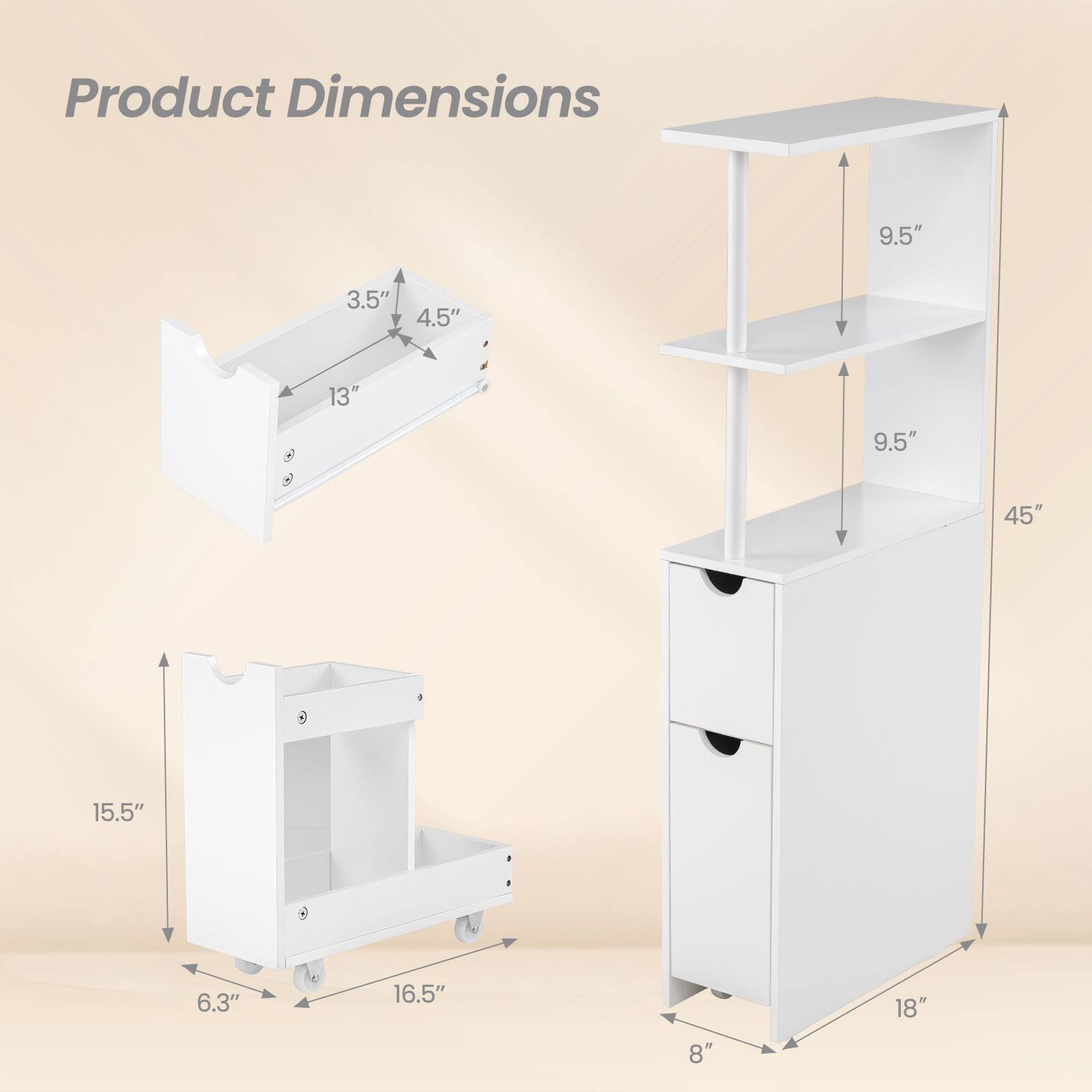 Product Dimensions: 9.5" x 3.5" x 4.5" x 13" x 9.5" x 45" x 15.5" x 6.3" x 16.5" x 18" x 8"