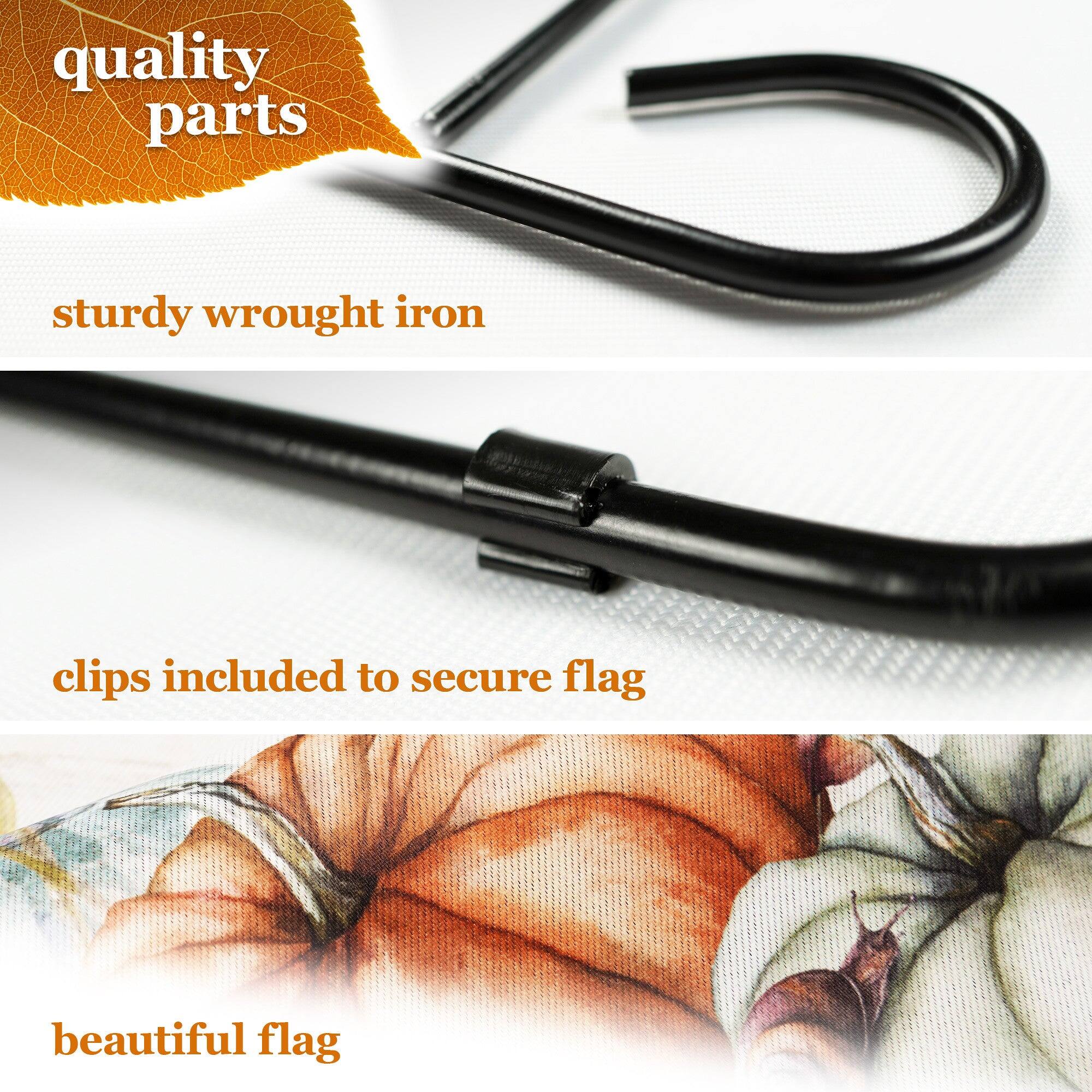quality parts  
sturdy wrought iron  
clips included to secure flag  
beautiful flag