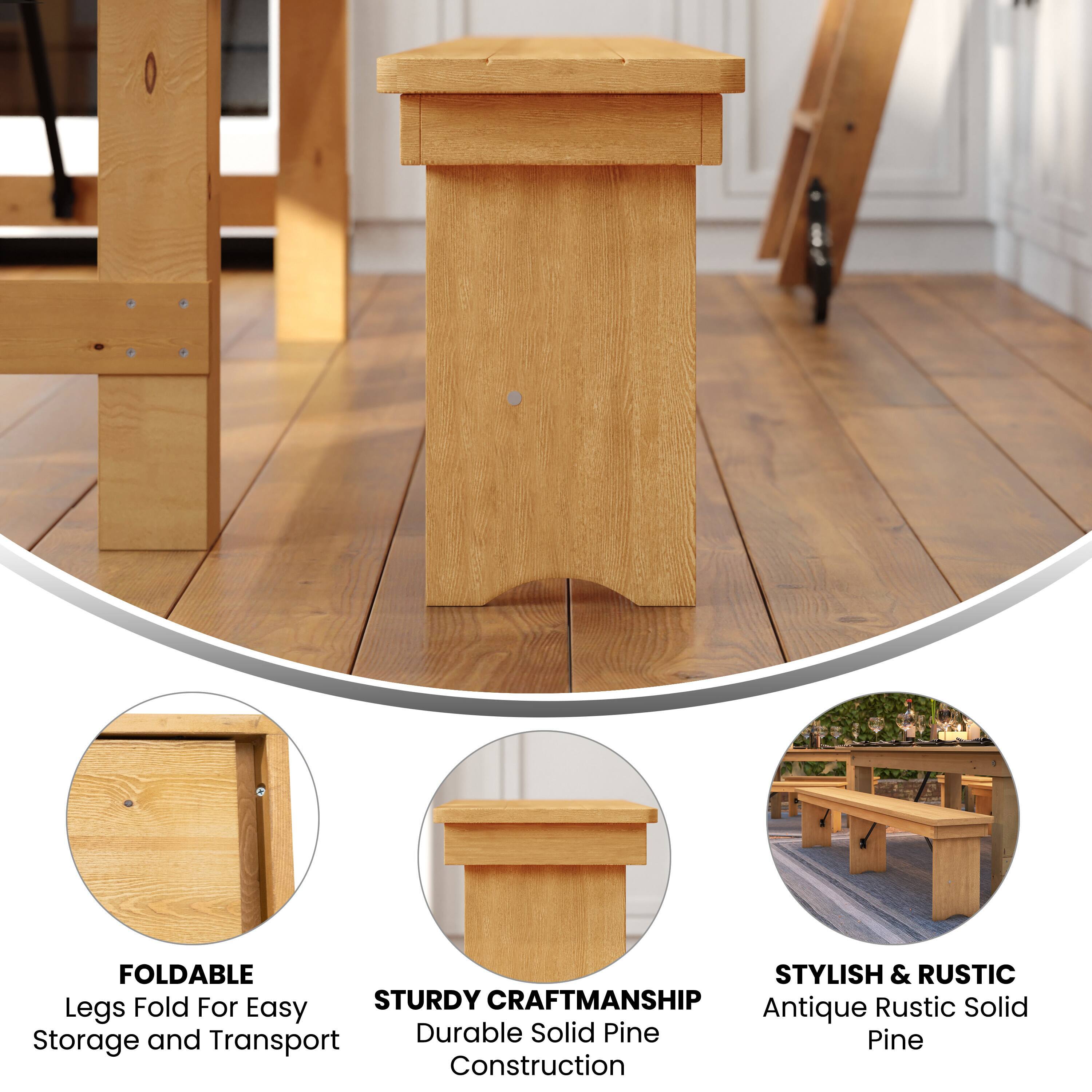 FOLDABLE STYLISH & RUSTIC  
Fold For STURDY CRAFTSMANSHIP  
Rustic Solid Legs  
Easy Antique and Durable Solid Pine  
Storage Transport Construction  

FOLDABLE  
Legs Fold For Easy Storage and Transport  

STURDY CRAFTSMANSHIP  
Durable Solid Pine Construction  

STYLISH & RUSTIC  
Antique Rustic Solid Pine