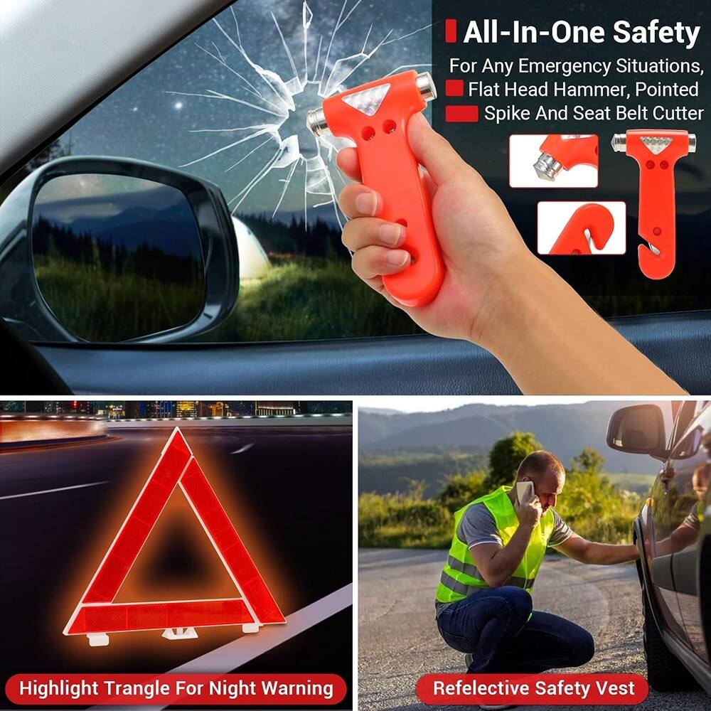 All-In-One Safety  
For Any Emergency Situations,  
- Flat Head Hammer  
- Pointed Spike  
- Seat Belt Cutter  

Highlight Triangle For Night Warning  

Reflective Safety Vest