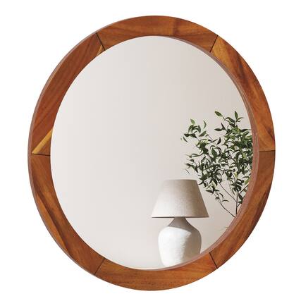Front. Gymax - Gymax 27'' x 27'' Rustic Wall Mounted Decorative Mirror w/Solid Acacia Wood Frame - Brown.