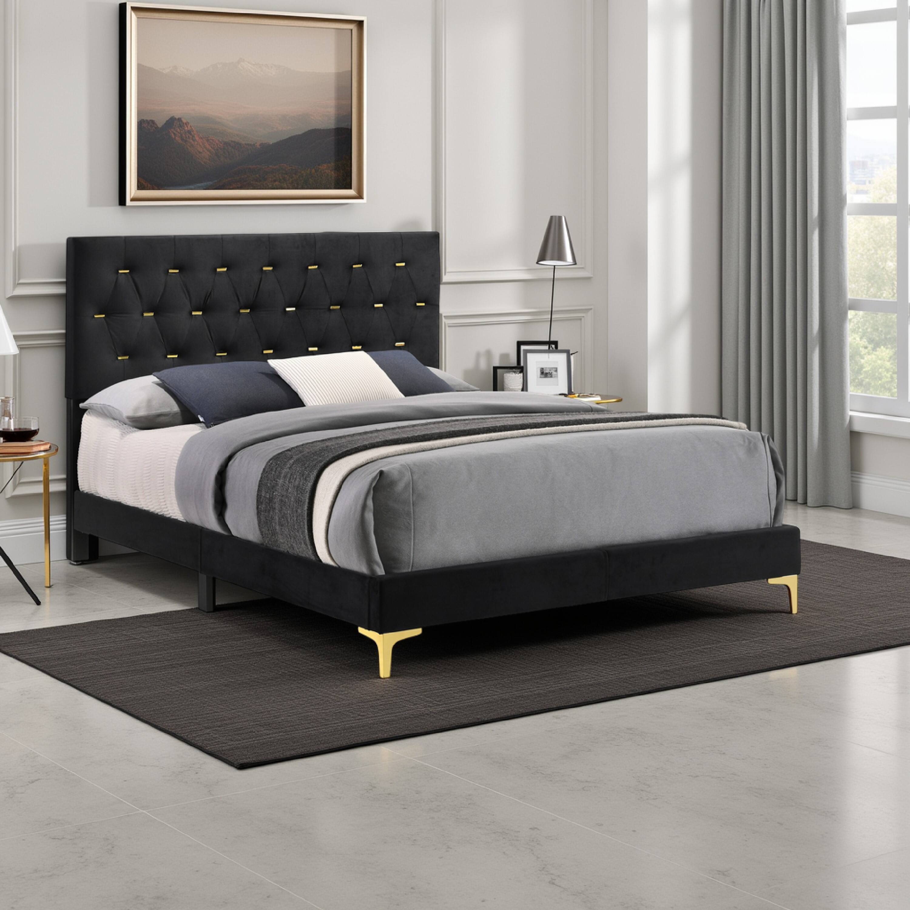 Alt View 5. Manhattan Lane - Lif Platform Queen Size Bed, Panel Tufted Headboard - Black, Gold.