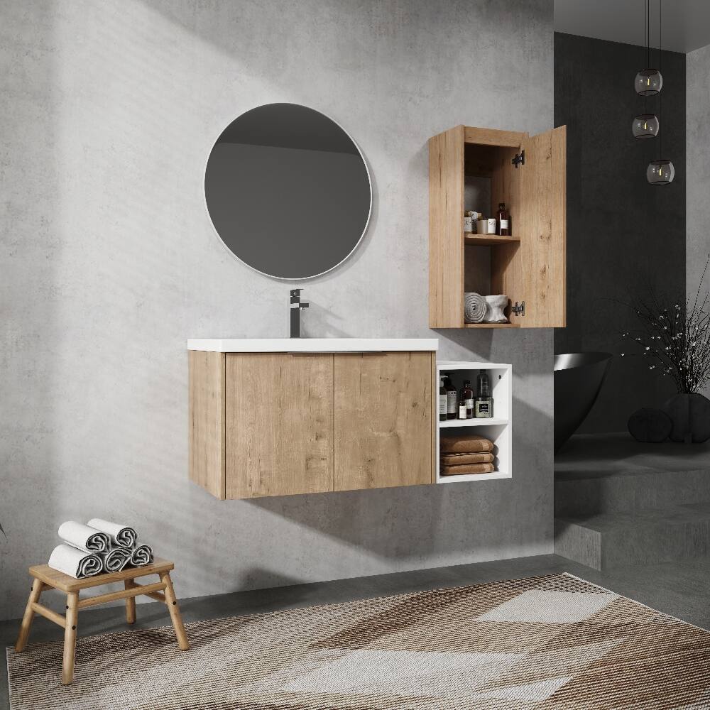 Back. Loheer - Loheer 42 inch wall mounted bathroom vanity Imitative Oak Floating Cabinet with Resin Sink - Imitative Oak.