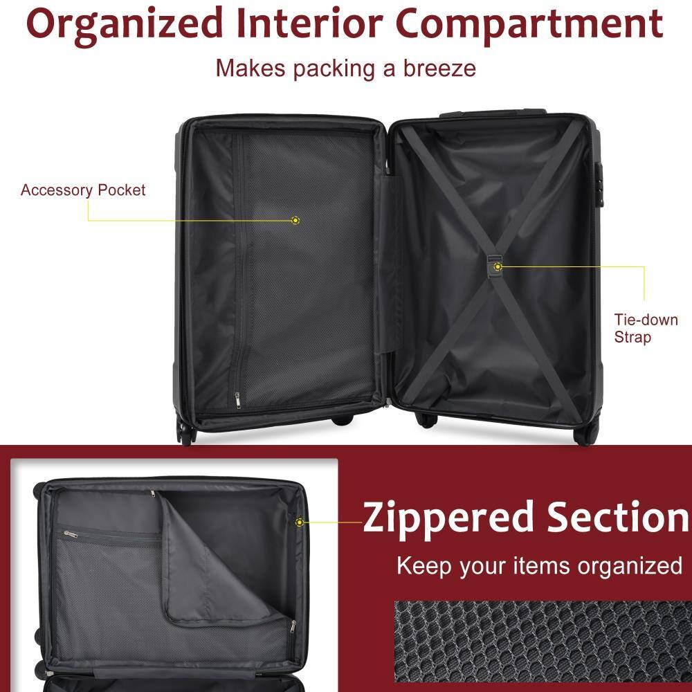 Organized Interior Compartment  
Makes packing a breeze  

Accessory Pocket  
Tie-down Strap  

Zippered Section  
Keep your items organized