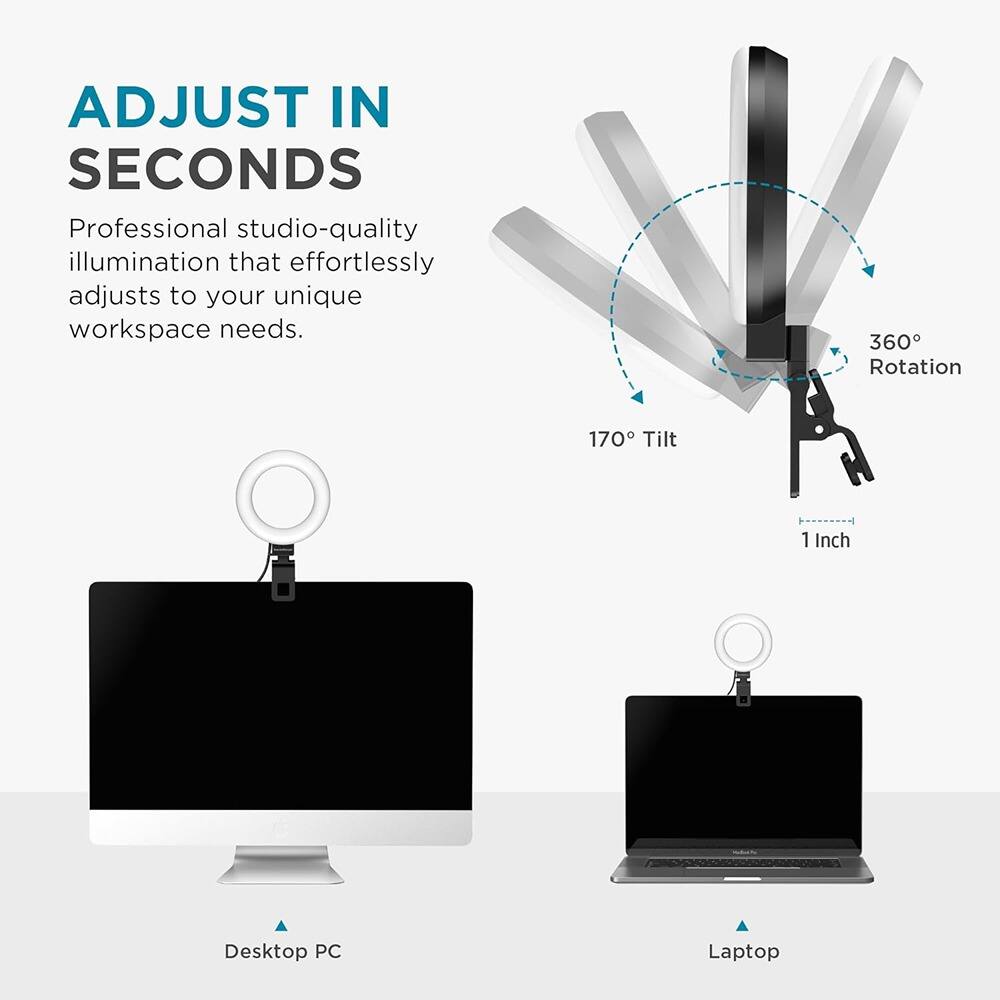 ADJUST IN SECONDS

Professional studio-quality illumination that effortlessly adjusts to your unique workspace needs.

360° Rotation  
170° Tilt  
1 Inch

Desktop PC  
Laptop
