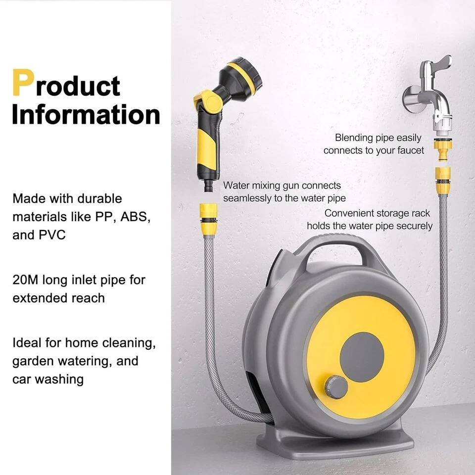 Product Information

Made with durable materials like PP, ABS, and PVC

20M long inlet pipe for extended reach

Ideal for home cleaning, garden watering, and car washing

Blending pipe easily connects to your faucet

Water mixing gun connects seamlessly to the water pipe

Convenient storage rack holds the water pipe securely