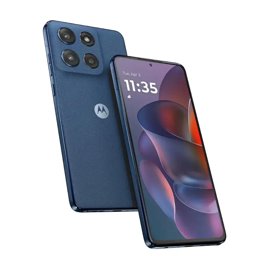The image shows a blue cell phone and a blue remote control. The cell phone is placed next to the remote control, and both are sitting on a white background. The time displayed on the cell phone is 11:35.