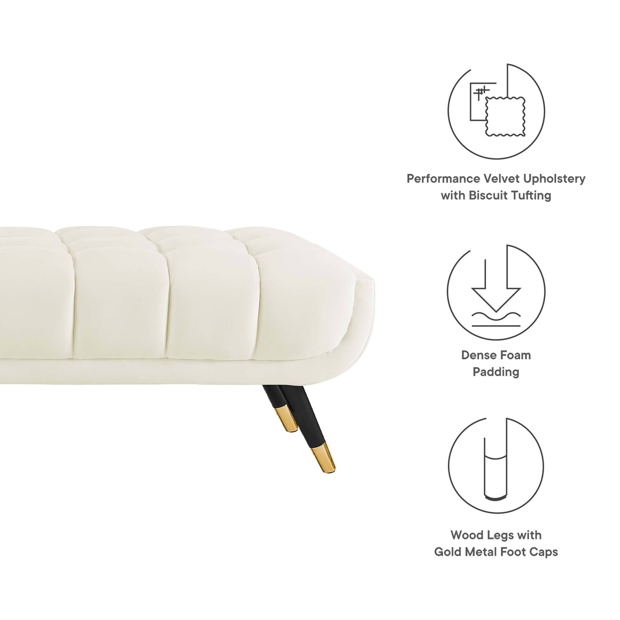 Performance Velvet Upholstery with Biscuit Tufting  
Dense Foam Padding  
Wood Legs with Gold Metal Foot Caps