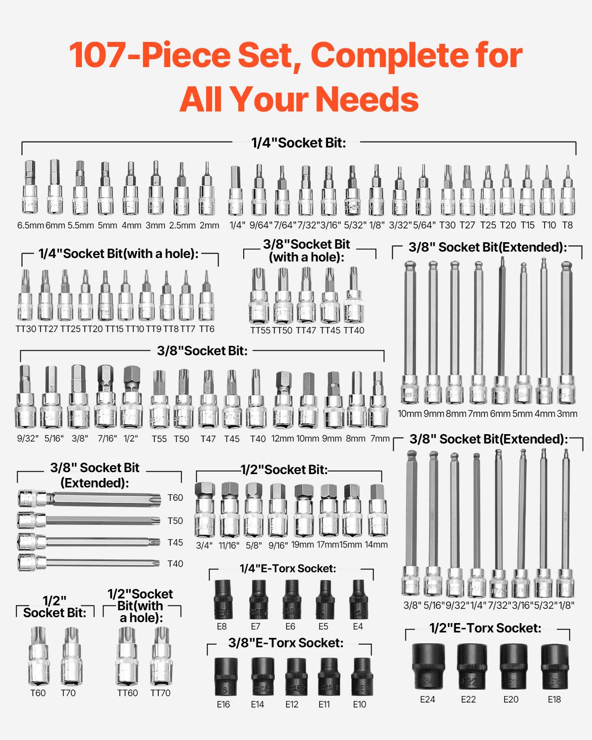 107-Piece Set, Complete for All Your Needs

1/4" Socket Bit:
- 6.5mm 6mm 5.5mm 5mm 4mm 3mm 2.5mm 2mm
- 1/4" Socket Bit (with a hole): 7/64" 7/32" 3/16" 5/32" 1/8" 3/32" 5/64"
- T30 T27 T25 T20 T15 T10 T8

3/8" Socket Bit:
- 9/32" 5/16" 3/8" 7/16" 1/2"
- T55 T50 T47 T45 T40

3/8" Socket Bit (Extended):
- 10mm 9mm 8mm 7mm 6mm 5mm 4mm 3mm
- 9/32" 5/16" 3/8" 7/16" 1/2"
- T55 T50 T47