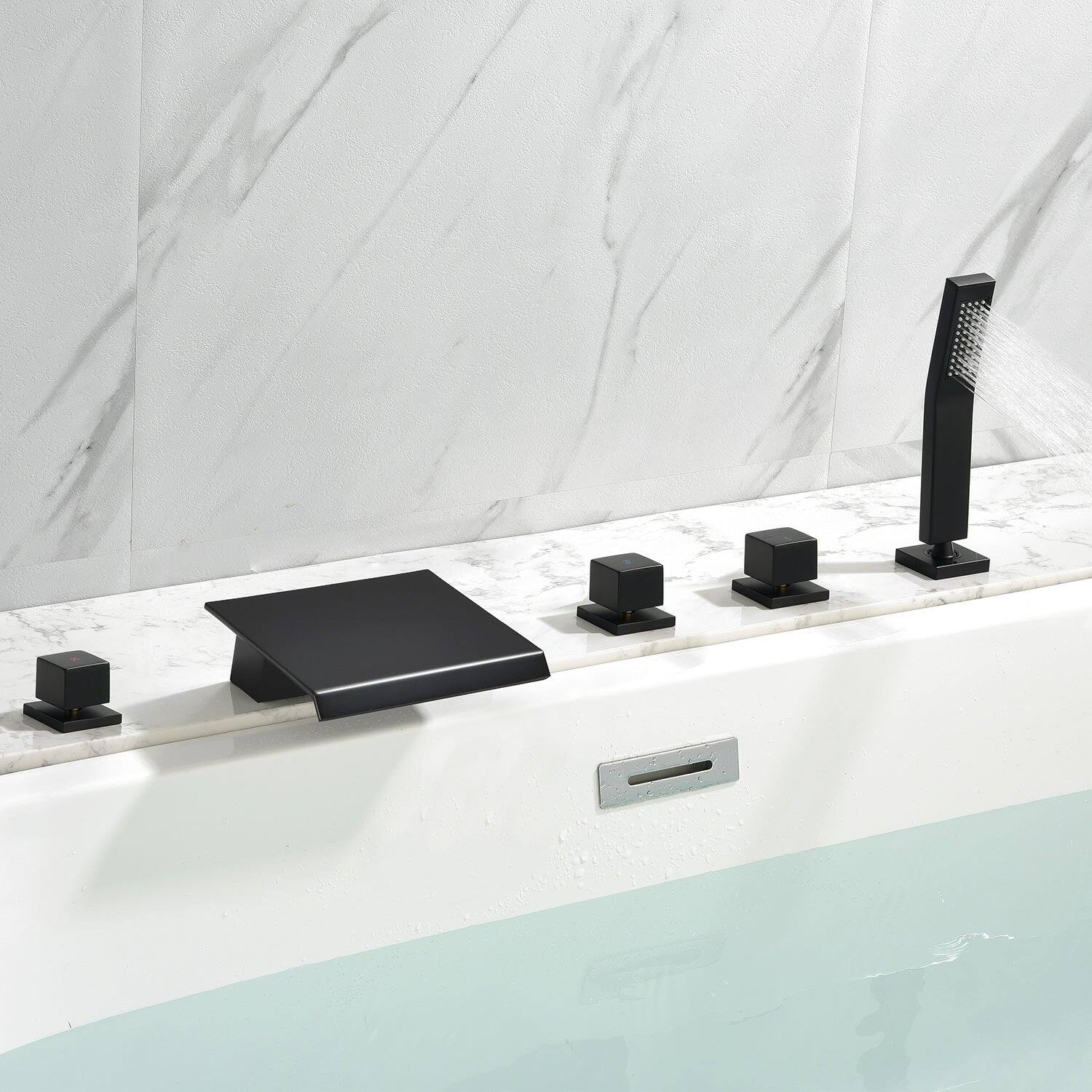Front. Boyel Living - Black Waterfall Bath Tub Faucet with Handheld Shower SUS304 Material Hot Cold Control 5 Hole Installation High Flow Rate - Matte Black.
