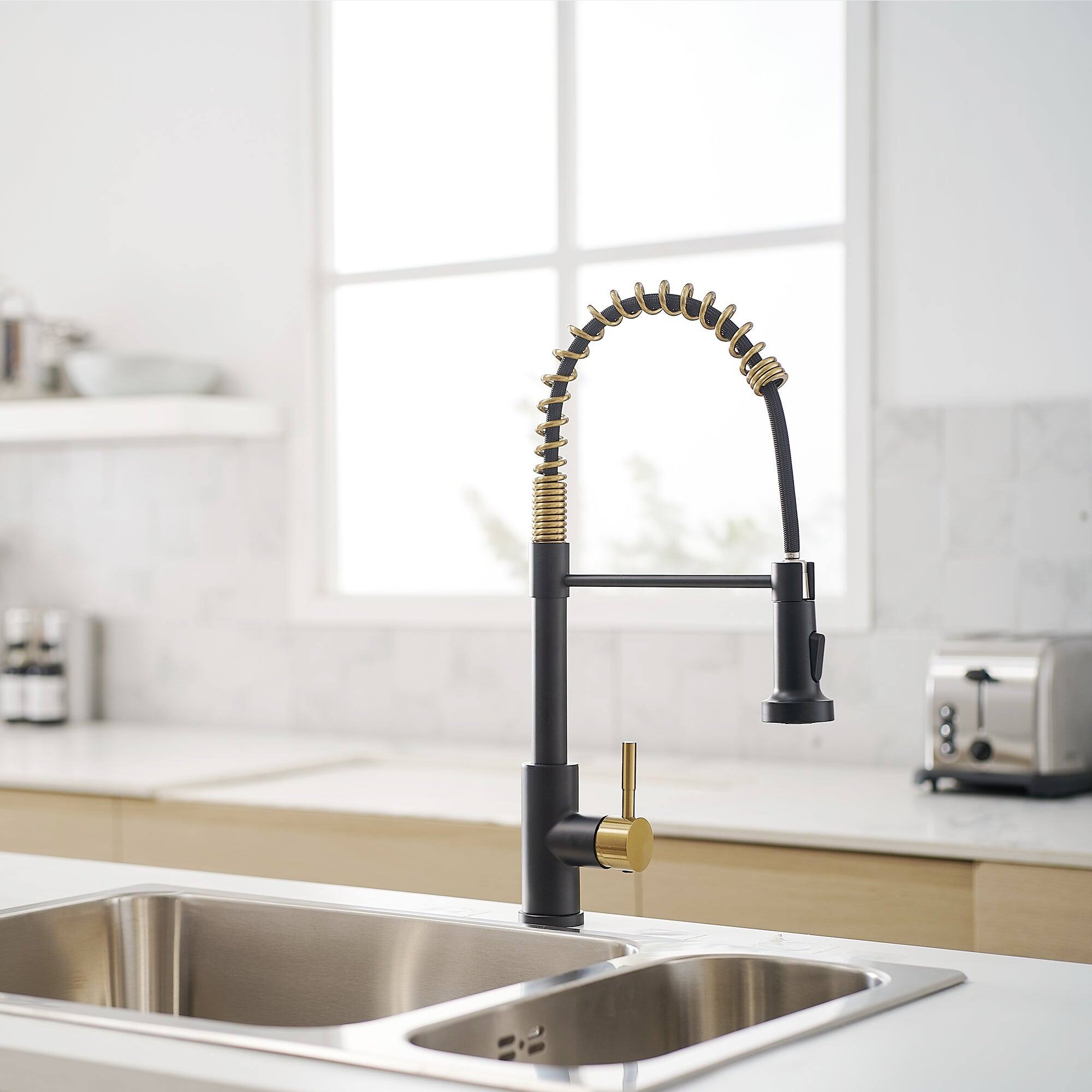 Alt View 6. Boyel Living - Matte Black with Brushed Gold Stainless Steel Pull Down Sprayer Kitchen Faucet with Water Supply Hoses - Matte Black with Brushed Gold.