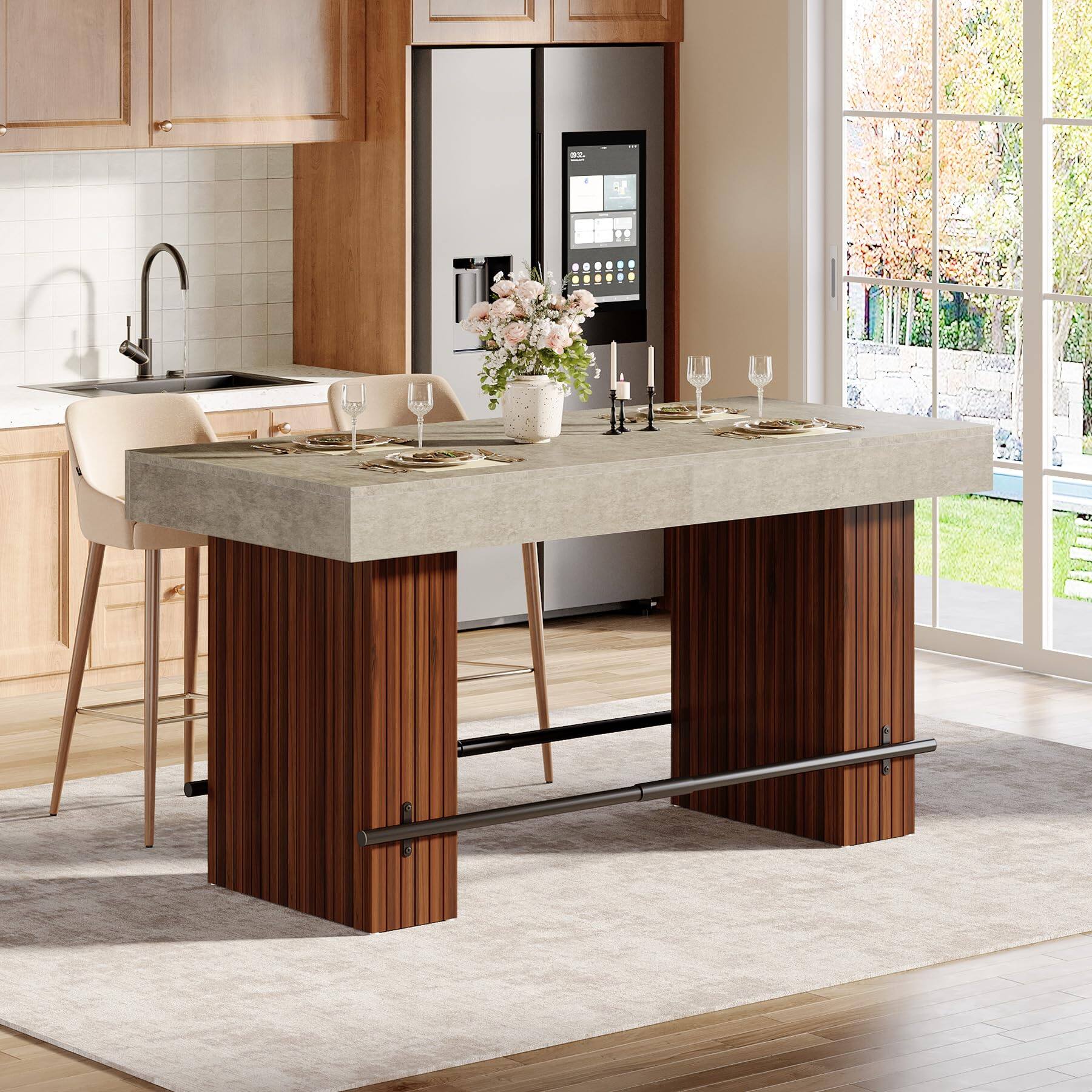 Left. Tribesigns - 62.2" Dining Table for 4-6, Counter Height Dining Room Table - Gray Cement and Red Brown.
