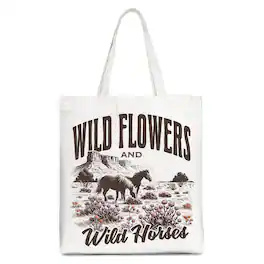 OrnamentallyYou - Wild Flowers and Wild Horses Canvas Tote Bag, Retro Western Gift for Free-Spirited Women - White