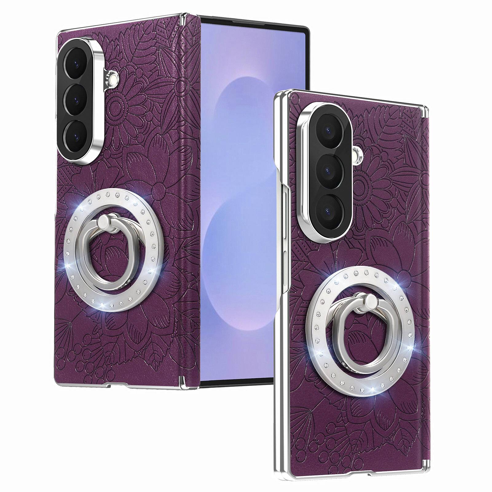 Angle. Dteck - Shockproof Leather Texture Case for Samsung Galaxy Z Fold8 Ultra with Ring Stand, Magnetic Rigid Plastic Hinge Cover - Purple.