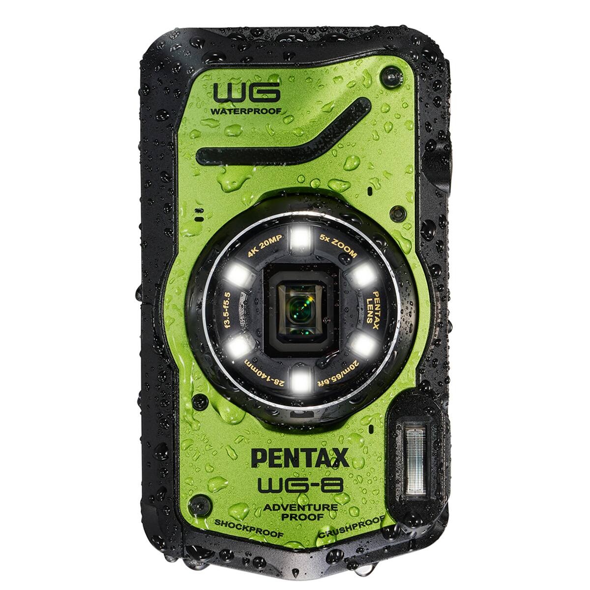 WG WATERPROOF  
20MP 5x 4K ZOOM f3.5-15.5 LENS PENTAX 28-140mm 20m/65.6ft  
PENTAX WG-8 ADVENTURE PROOF SHOCKPROOF CRUSHPROOF