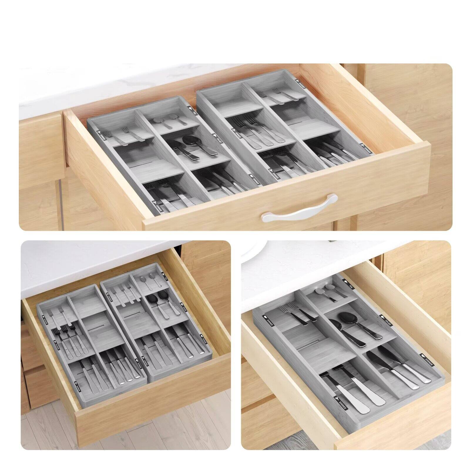 Alt View 2. Tooloton - Bamboo Flatware Drawer Organizer Tray with 6 Slots and Labels for Utensil Storage (Grey Color) - Grey.