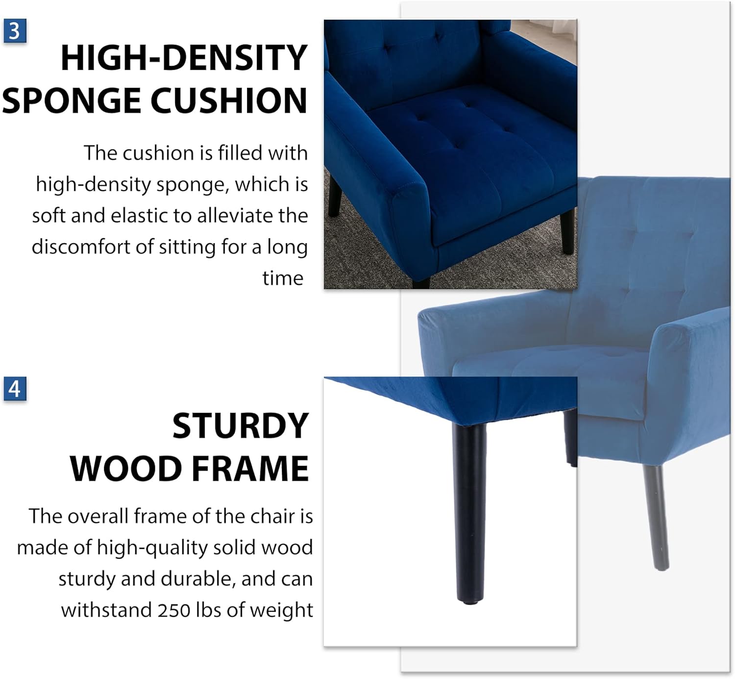3. HIGH-DENSITY SPONGE CUSHION  
The cushion is filled with high-density sponge, which is soft and elastic to alleviate the discomfort of sitting for a long time.

4. STURDY WOOD FRAME  
The overall frame of the chair is made of high-quality solid wood, sturdy and durable, and can withstand 250 lbs of weight.