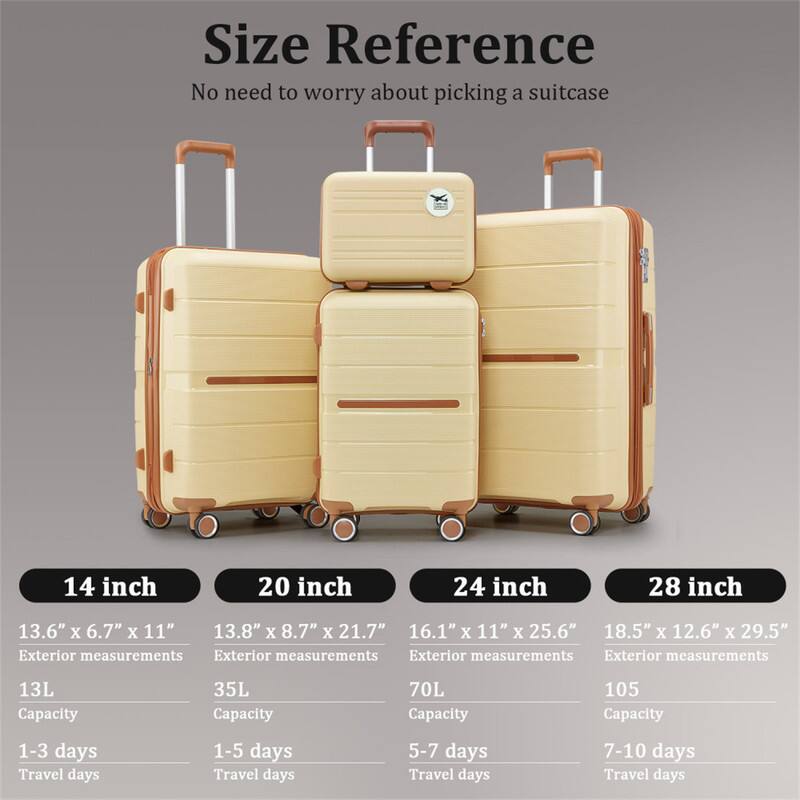 Size Reference  
No need to worry about picking a suitcase

14 inch  
13.6" x 6.7" x 11"  
Exterior measurements  
13L Capacity  
1-3 days Travel days

20 inch  
13.8" x 8.7" x 21.7"  
Exterior measurements  
35L Capacity  
1-5 days Travel days

24 inch  
16.1" x 11" x 25.6"  
Exterior measurements  
70L Capacity  
5-7 days Travel days

28 inch  
18.5" x 12.6" x 29.5"  
Exterior measurements  
105 Capacity  
7-10 days Travel days