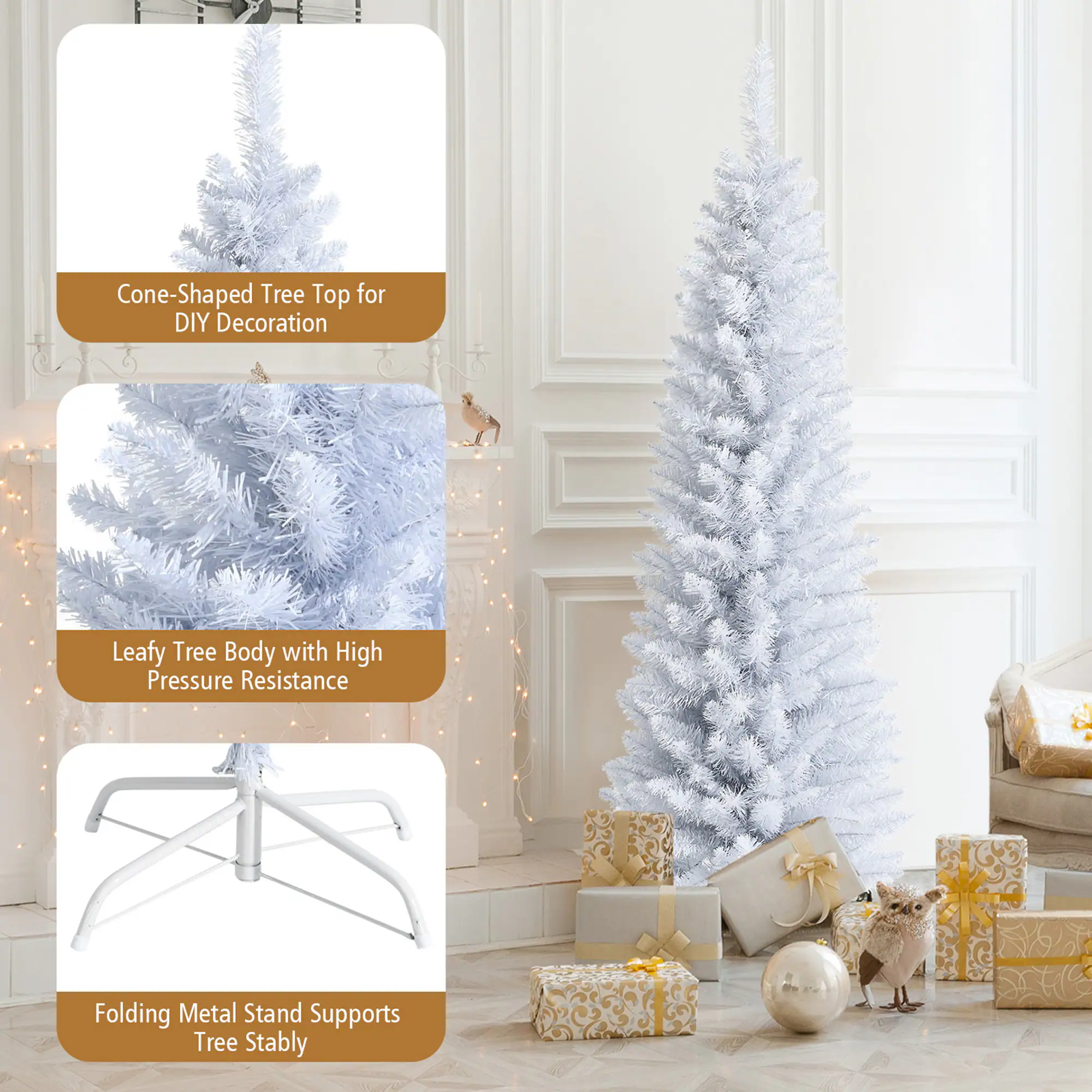 Cone-Shaped Tree Top for DIY Decoration

Leafy Tree Body with High Pressure Resistance

Folding Metal Stand Supports Tree Stably