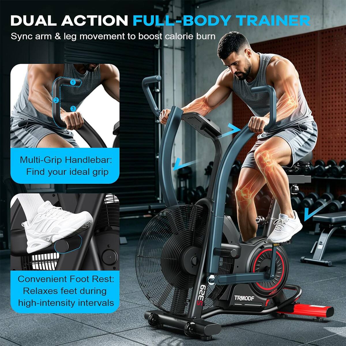 DUAL ACTION FULL-BODY TRAINER  
Sync arm & leg movement to boost calorie burn  

1. Multi-Grip Handlebar: Find your ideal grip  
2. Convenient Foot Rest: Relaxes feet during high-intensity intervals  

329 TRMODF
