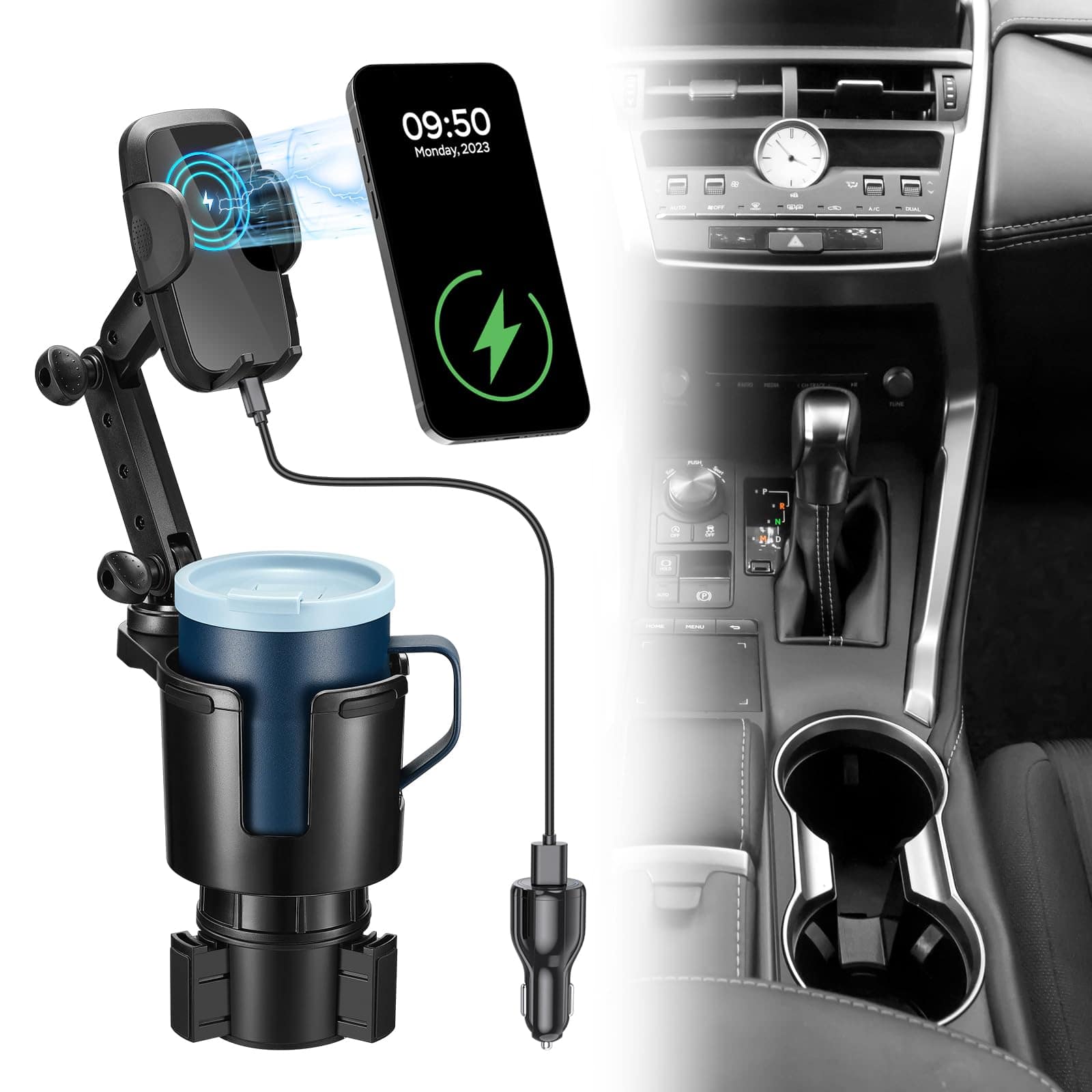 COTTAGE - Cup Holder Phone 15w Fast Charging Auto Clamping For With Adjustable Base Rotation Compatible All Smartphon - Default