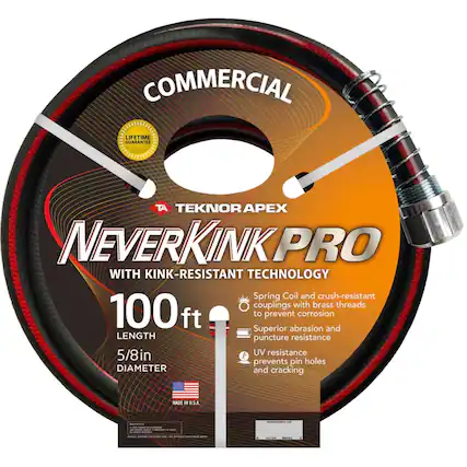 COMMERCIAL LIFETIME GUARANTEE
TEKNORAP APEX NEVERKINK PRO WITH KINK-RESISTANT TECHNOLOGY
Spring Coil and crush-resistant couplings with brass threads
100 ft to prevent abrasion corrosion and Superior LENGTH puncture resistance
5/8 in UV resistance prevents pin holes DIAMETER and cracking
MADE IN U.S.A