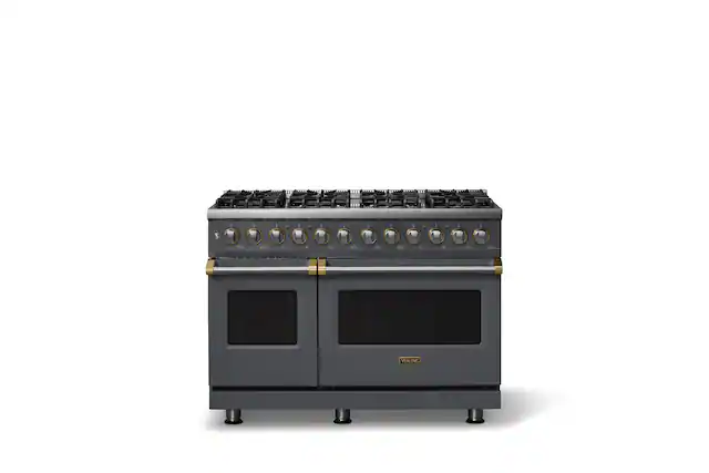 Front. Viking - 48 in. Wide 8 Burner Pro 5 Series 7.3Cu. Ft. Freestanding Sealed DF Convection Range/Griddle with Brushed Brass Trim - Cast Black.