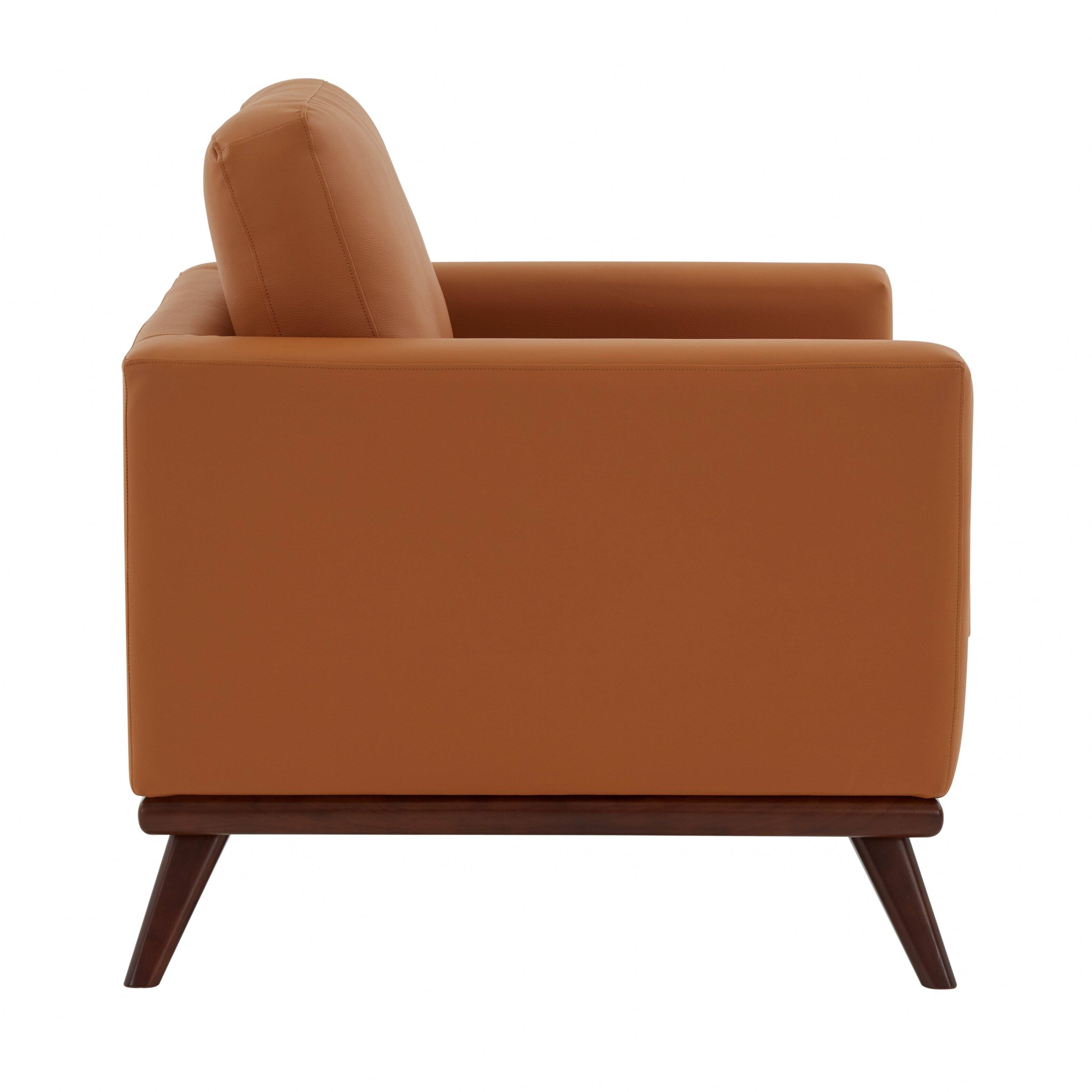 Back. LeisureMod - Chester Mid-Century Modern Leather Accent Chair, Birch Wood Frame Armchair - Easy Assembly - Cognac Tan.