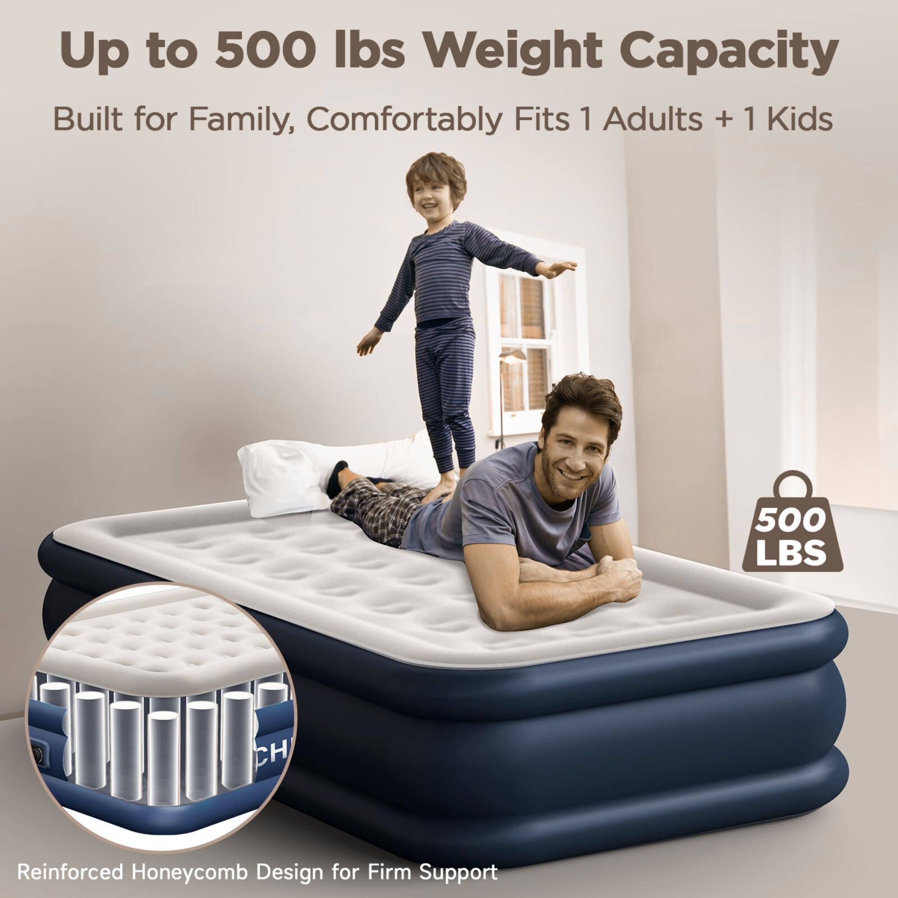 Up to 500 lbs Weight Capacity  
Built for Family, Comfortably Fits 1 Adults + 1 Kids  

500 LBS  

Reinforced Honeycomb Design for Firm Support