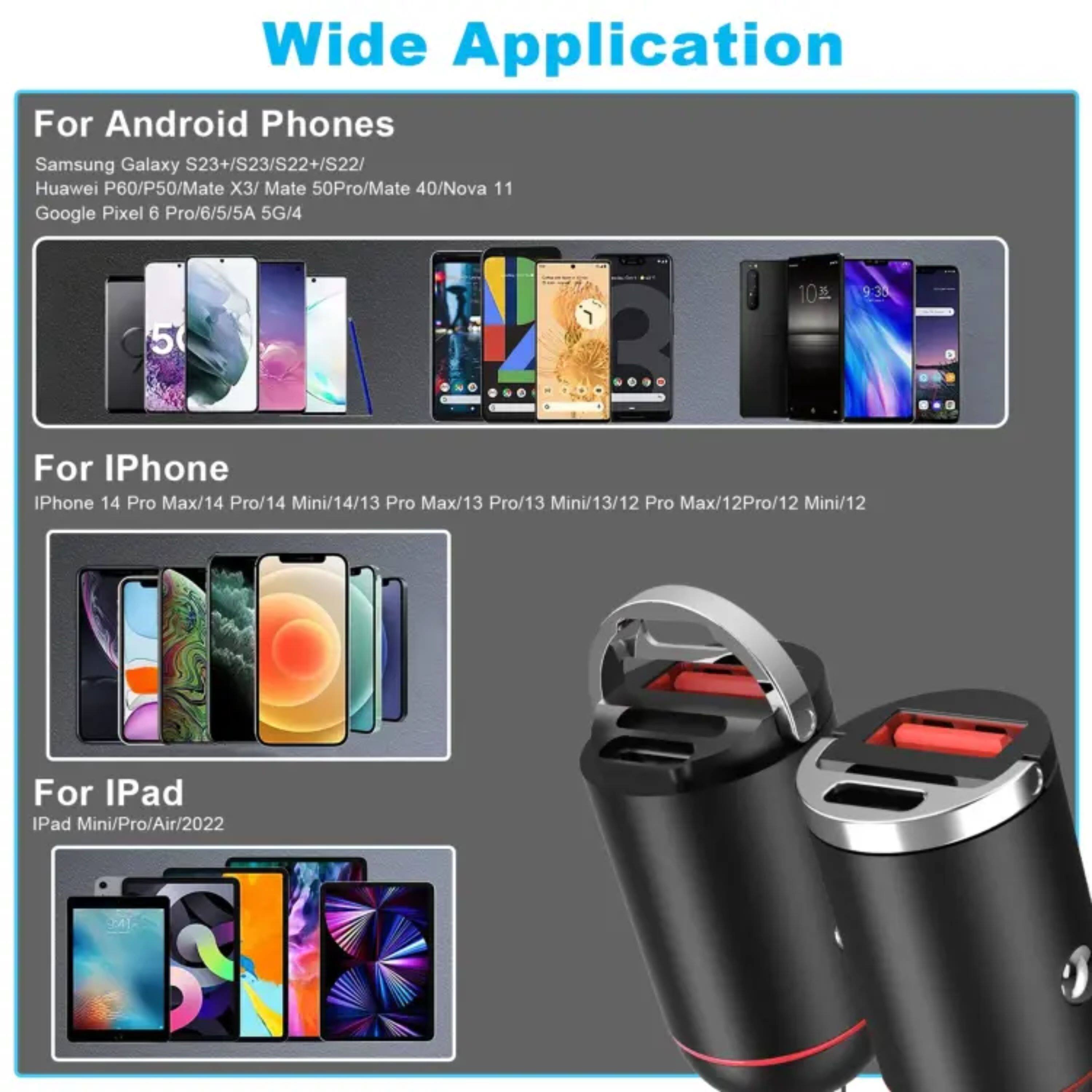 Wide Application

For Android Phones  
Samsung Galaxy S23+/S23/S22+/S22/  
Huawei P60/P50/Mate X3/Mate 50Pro/Mate 40/Nova 11  
Google Pixel 6 Pro/6/5/5A 5G/4

For iPhone  
iPhone 14 Pro Max/14 Pro/14 Mini/14/13 Pro Max/13 Pro/13 Mini/13/12 Pro Max/12 Pro/12 Mini/12

For iPad  
iPad Mini/Pro/Air/2022