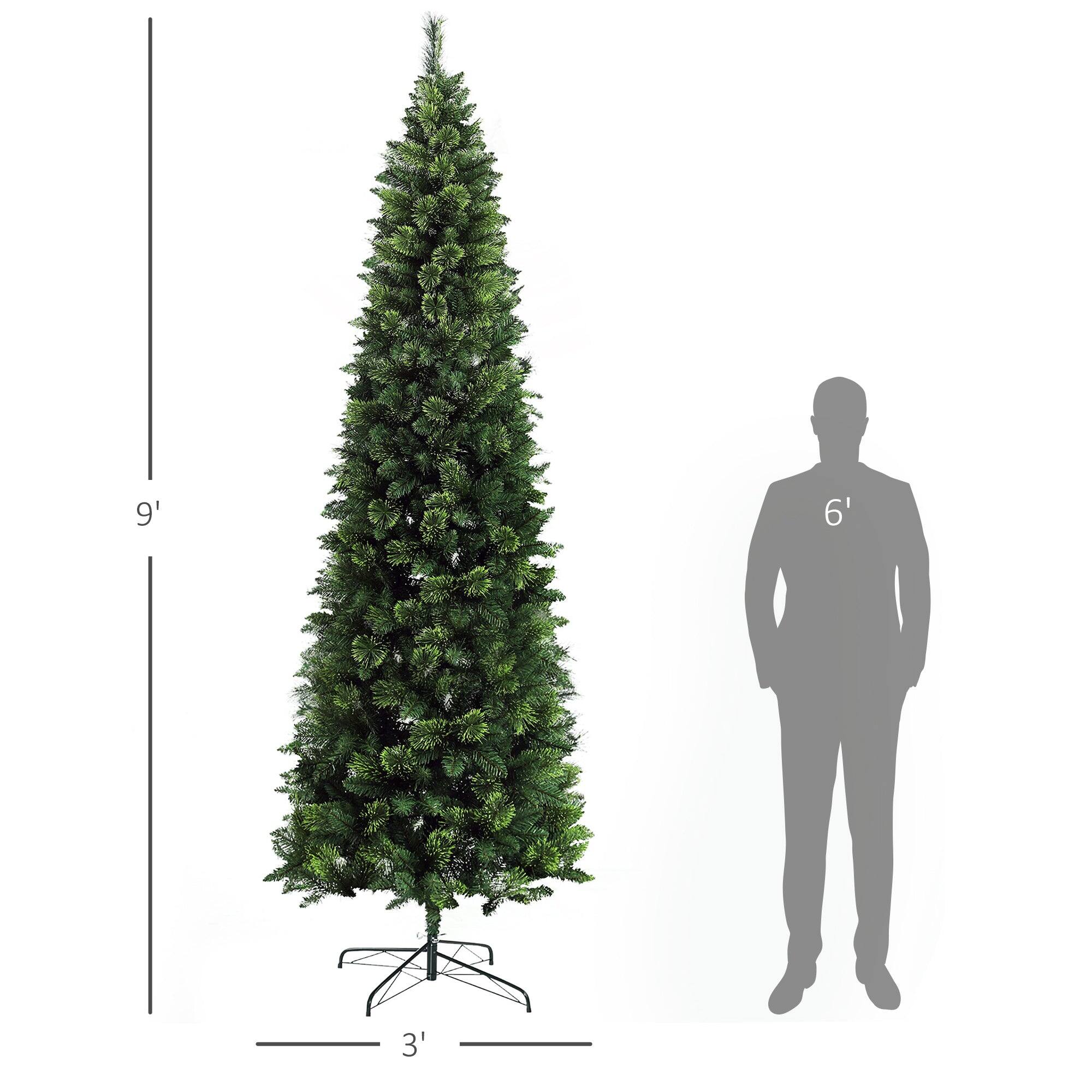 Left. BreeBe - 9ft Tall Pencil Artificial Christmas Tree Holiday DÃ©cor with 1298 Branches - Green.